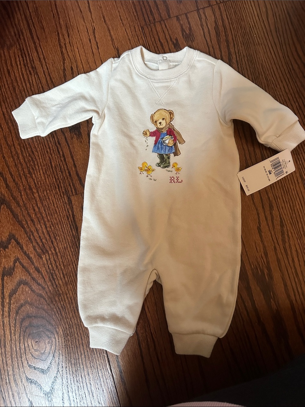 Ralph Lauren Cream Baby One-Piece with Bear & Chick Embroidery